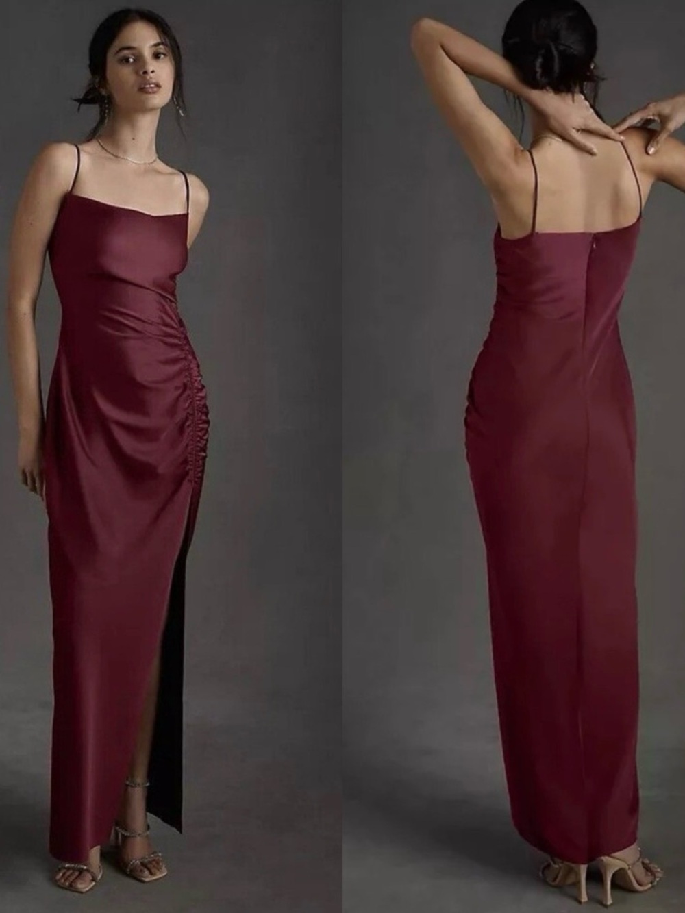 NWT BHLDN Wine Jennings Satin Slip Gown with Side Ruched Detail